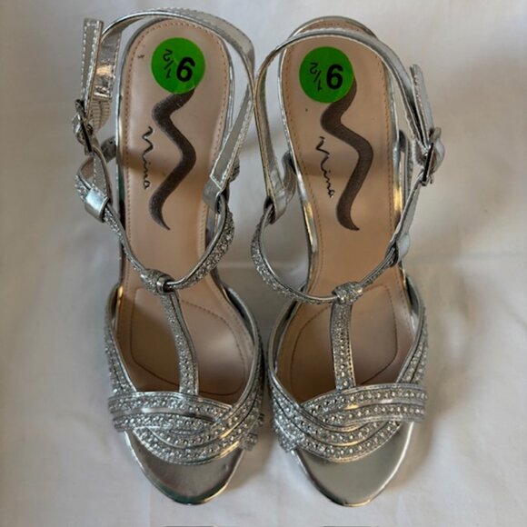 Nina Metallic Silver & Rhinestone High Heel Slingback Sandals Size 9.5M - Picture 7 of 13